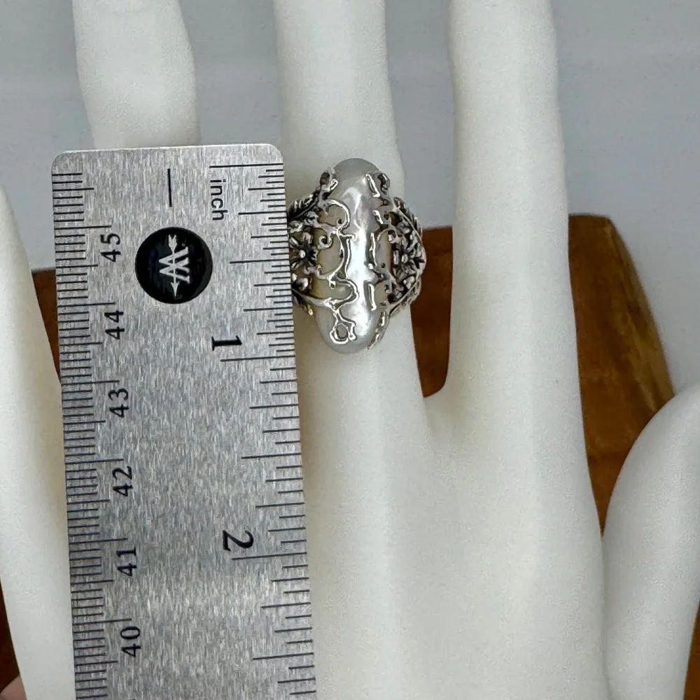 Sterling Silver Floral Filigree Ring with Mother of Pearl CFT Thailand Size 7